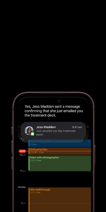 iPhone 18 Pro, Burgundy colour, partial front exterior, display screen shows conversation with Siri AI using Apple Intelligence, calendar app displayed below an iMessage about a deck treatment