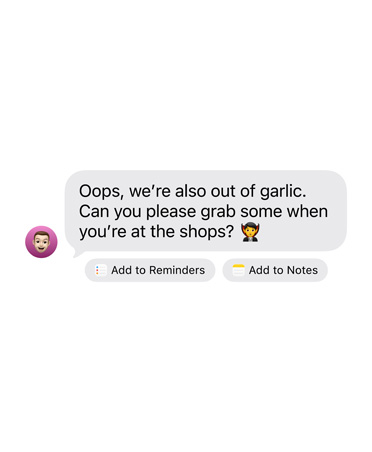 A received iMessage with two suggested action buttons below: Add to Reminders and Add to Notes