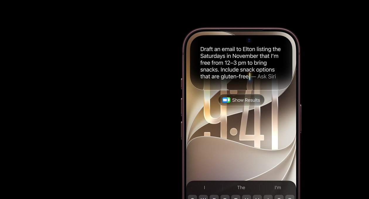 iPhone 18 Pro, Burgundy, screen displaying an Ask Siri prompt reading, draft an email to Elton listing the Saturdays in November that I'm free from 12 to 3pm to bring snacks. Include snack options that are gluten-free
