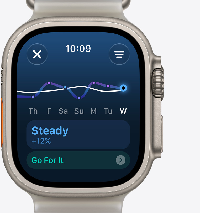 Apple Watch Ultra 4, training load screen indicates steady increase, titanium case, natural colour, connected to Ocean Band, translucent gray color