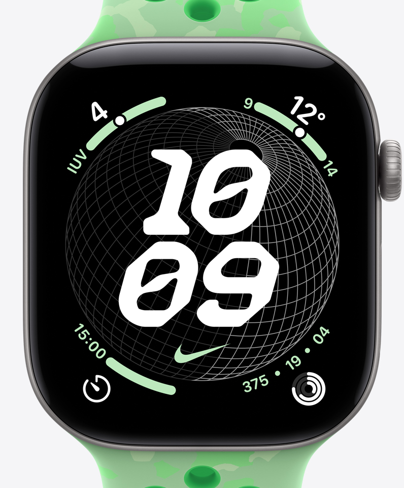 Mostrador Nike Globe, hora, logotipo da Nike, complicações: índice UV, tempo, timer, círculos de Atividade