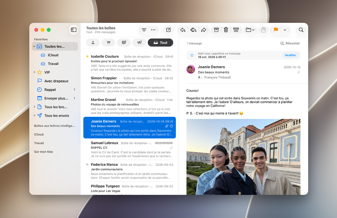 Écran montrant Mail iCloud intégré à l’app Mail