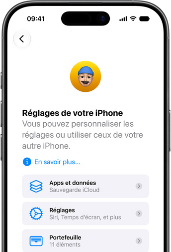 Écran montrant la configuration d’un nouvel iPhone avec la restauration iCloud