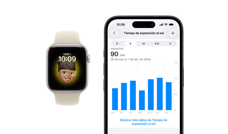 Apple Watch SE 3, caja de aluminio, blanco estelar, carátula Memoji, iPhone, pestaña Compartir Datos de Salud con el Tiempo de Exposición al Sol en pantalla
