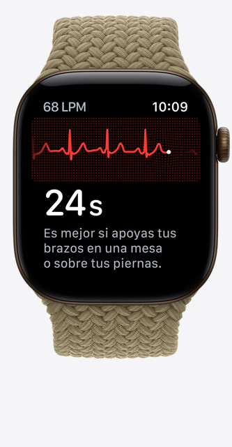 Apple Watch Series 12, caja de aluminio, color bronce oscuro, app ECG, línea de ritmo cardiaco y temporizador, correa loop deportiva trenzada, color oliva