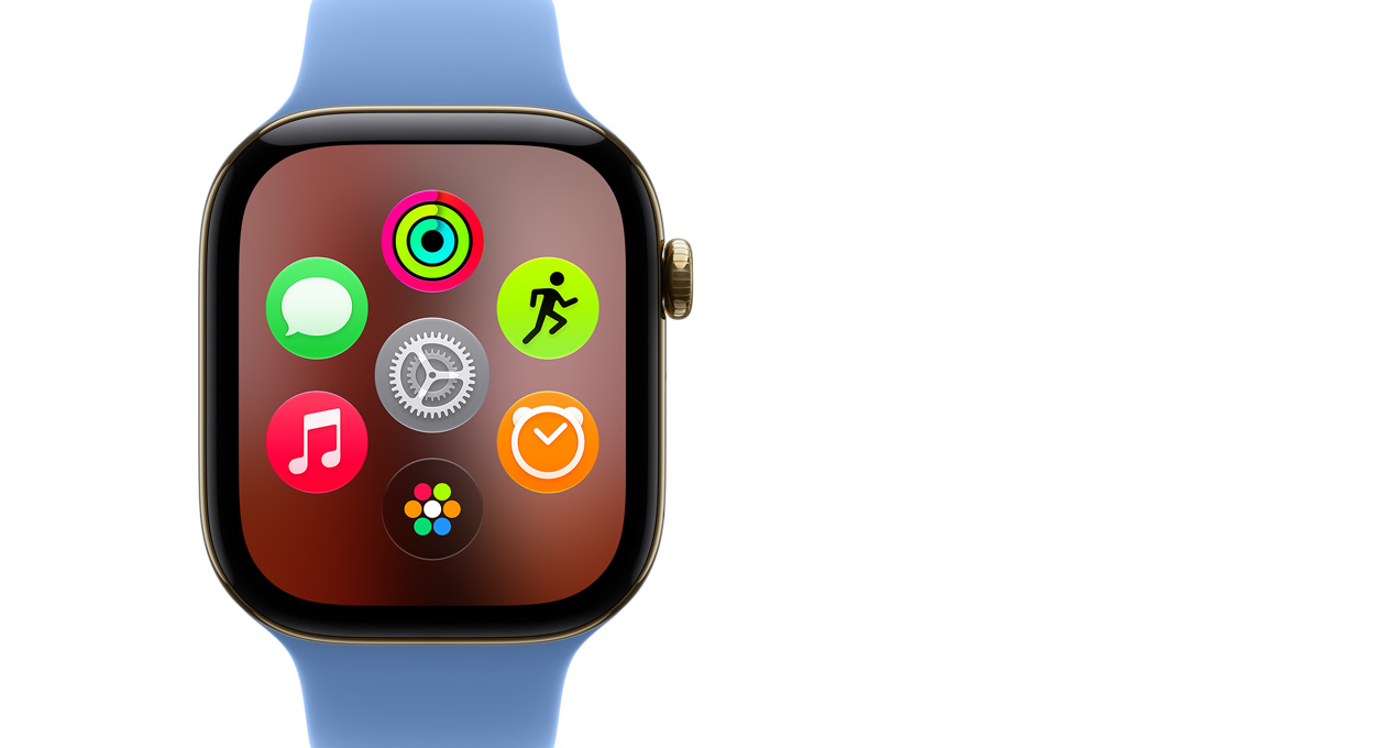 Apple Watch Series 12, pouzdro ze zářivě zlatého titanu, na displeji se zobrazuje dynamické rozvržení aplikací