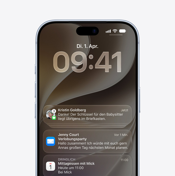 iPhone 18 Pro, front exterior, Messages, Mail, and Calendar app notifications on locked screen