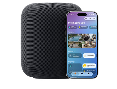 Ein mitternachtsblauer HomePod mit iPhone, das die Benutzeroberfläche „Mein Zuhause“ in der Home-App anzeigt