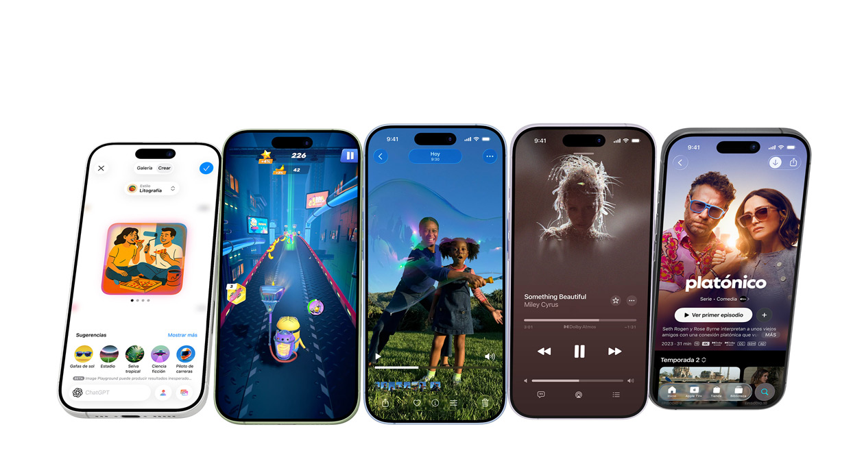 Dispositivos iPhone 17 en distintos colores, pantallas con varias apps