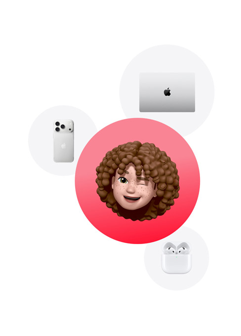 Ein iPhone 18 Pro in Silber, ein MacBook in Silber und AirPods Pro 3 um ein Memoji einer Person herum, die zwinkert