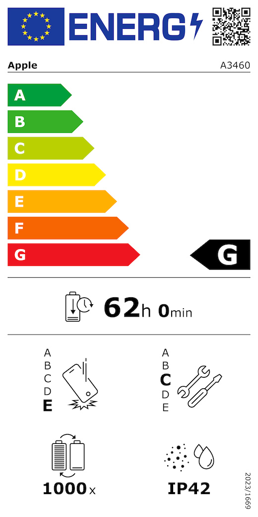 Étiquette énergétique de l’UE, code QR et informations, modèle Apple A3460, classe G, classes d’efficacité énergétique (échelle allant de A à G), A (la plus élevée) à G (la plus basse), endurance de la batterie par cycle, 62 heures et 0 minute par charge complète de la batterie, résistance aux chutes répétées de classe E, A (plus résistante) à E (moins résistante), réparabilité de classe C, A (plus réparable) à E (moins réparable), endurance de la batterie de 1 000 cycles, indice de protection IP42 pour la poussière et l’eau, règlement 2023/1669