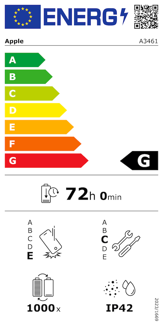 Étiquette énergétique de l’UE, code QR et informations, modèle Apple A3461, classe G, classes d’efficacité énergétique (échelle allant de A à G), A (la plus élevée) à G (la plus basse), endurance de la batterie par cycle, 72 heures et 0 minute par charge complète de la batterie, résistance aux chutes répétées de classe E, A (plus résistante) à E (moins résistante), réparabilité de classe C, A (plus réparable) à E (moins réparable), endurance de la batterie de 1 000 cycles, indice de protection IP42 pour la poussière et l’eau, règlement 2023/1669