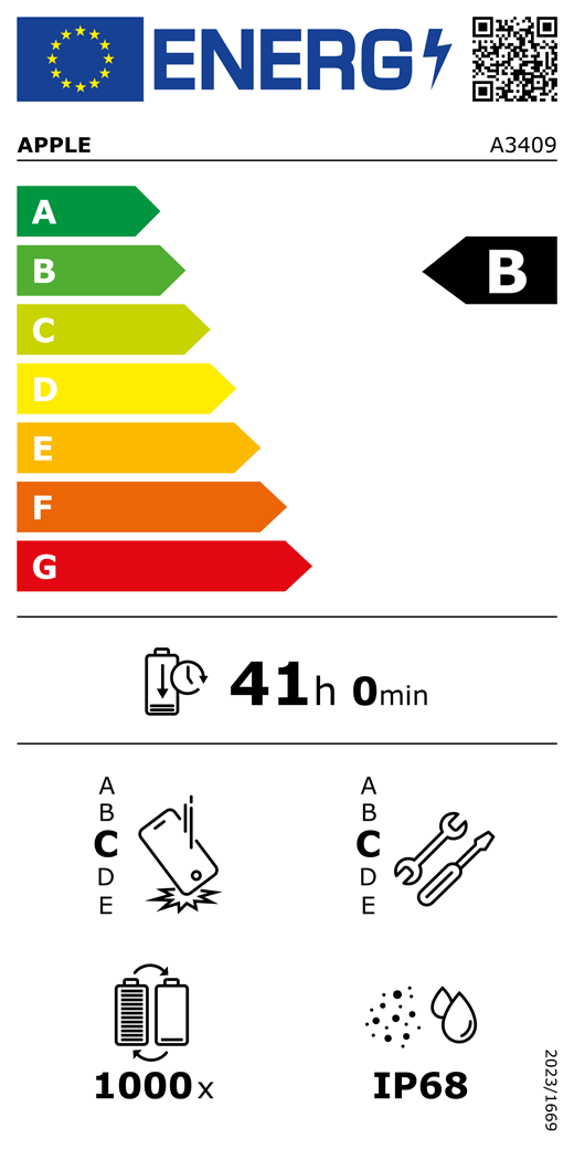 EU:n energiamerkinnän QR-koodi ja tiedot, Applen malli A3409, luokka B, energiatehokkuusluokat (asteikolla A–G), A (tehokkain) – G (vähiten tehokas), akun kestoaika lataussykliä kohti, 41 tuntia ja 0 minuuttia akun täyttä latausta kohti, toistuvien vapaapudotusten kestävyysluokka C, A (kestävin) – E (vähiten kestävä), korjattavuusluokka C, A (parhaiten korjattavissa) – E (vähiten korjattavissa), akun kesto käyttösykleinä: 1000, pöly- ja vesitiiviyden kotelointiluokka IP68, asetus 2023/1669.