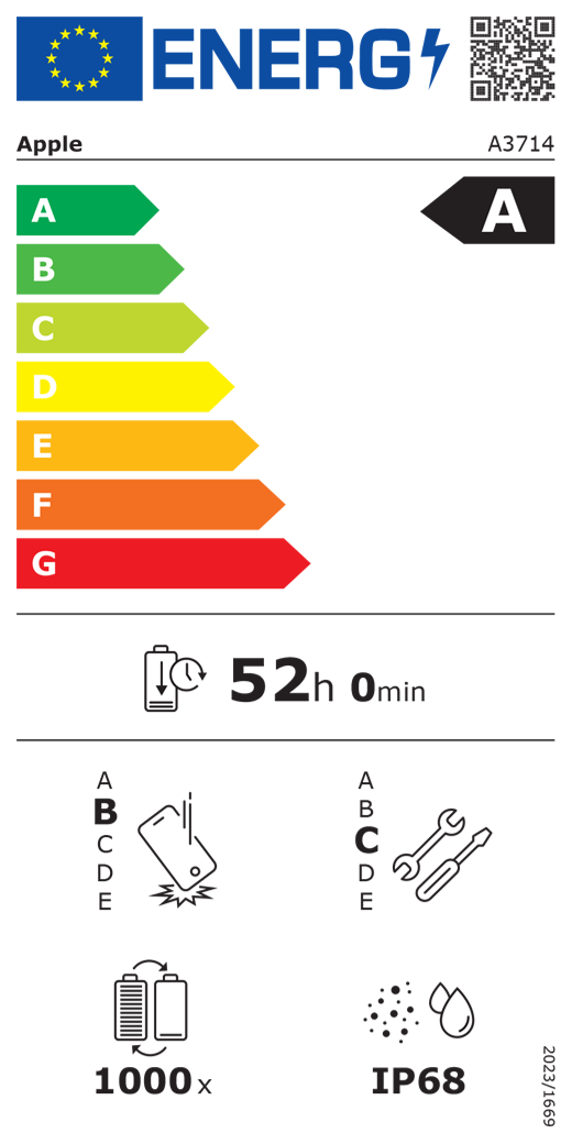 Etichetta energetica UE, codice QR e informazioni, modello Apple A3714, classe A, classi di efficienza energetica (con scala da A a G), da A (efficienza massima) a G (efficienza minima), autonomia della batteria per ciclo corrispondente a 52 ore e 0 minuti per ogni carica completa, classe di affidabilità B in caso di caduta libera ripetuta, da A (robustezza massima) a E (robustezza minima), classe di riparabilità C, da A (riparabilità massima) a E (riparabilità minima), durata della batteria 1000 cicli, protezione dall’ingresso di polvere e acqua (IP) di grado IP68, regolamento 2023/1669.