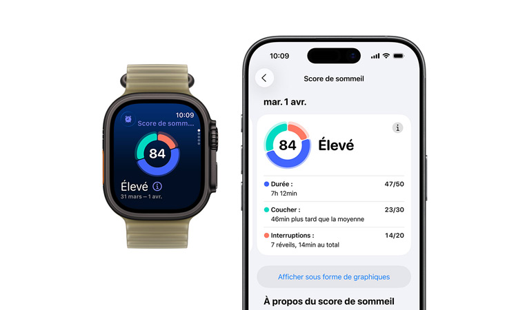 Apple Watch Ultra 3, boîtier en titane, noir, graphique circulaire et résultat du score de sommeil, côté gauche, bouton Action, côté droit, Digital Crown, bouton latéral, Bracelet Océan, noir, analyse complète du sommeil affichée sur un iPhone jumelé 