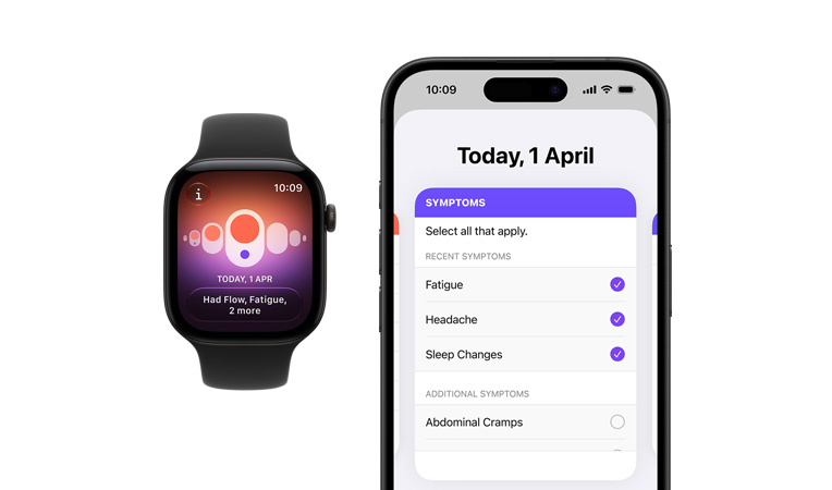 Apple Watch Series 12,原色鈦金屬錶殼,配搭黑色運動錶帶,展示經期追蹤 app;已配對的 iPhone 上開啟了每日徵狀選擇器