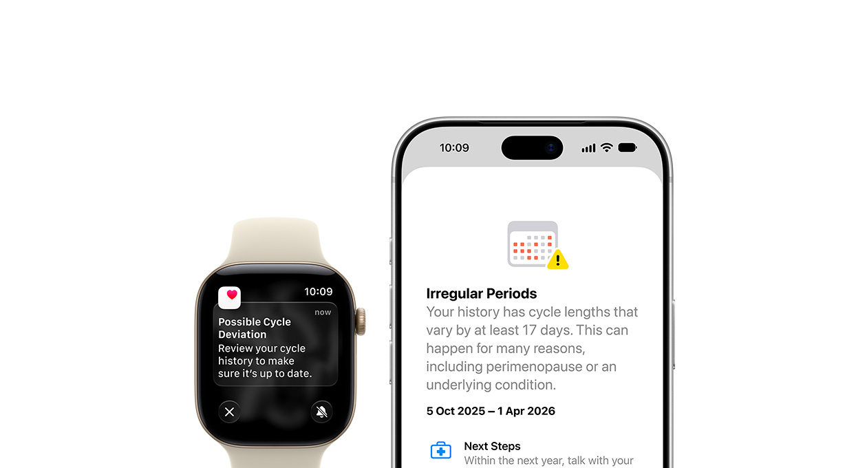 iPhone 18 Pro 及 Apple Watch Series 12，淺金色鋁金屬錶殼配以沙色運動錶帶，螢幕顯示健康 app 經期追蹤功能，展示關於「Possible Cycle Deviation」的更新