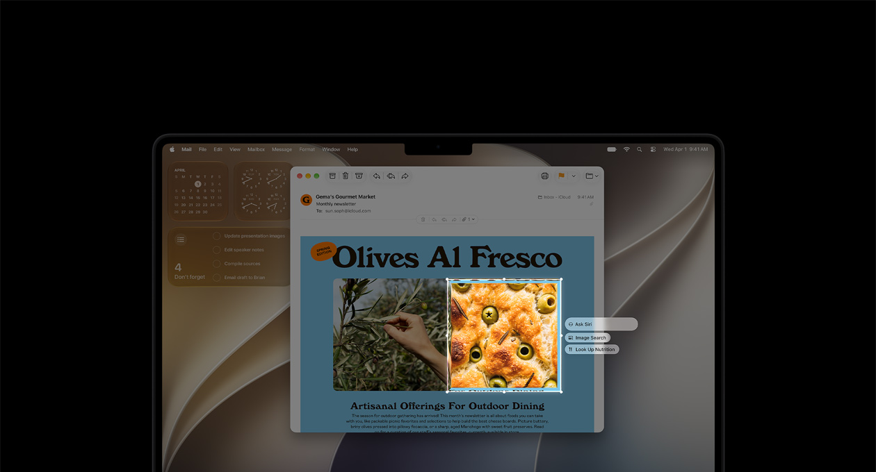 Egy 14 hüvelykes asztrofekete MacBook Pro kijelzőjén egy étel- és egy növényfotót tartalmazó e-mail látható a Vizuális intelligencia használatának szemléltetésére. Egy olívás focaccia kerettel kijelölt képe mellett az „Ask Siri” (Kérje meg Sirit), valamint az „Image Search” (Képkeresés) és a „Look Up Nutrition” (Tápanyagok definiálása) lehetőségek szerepelnek