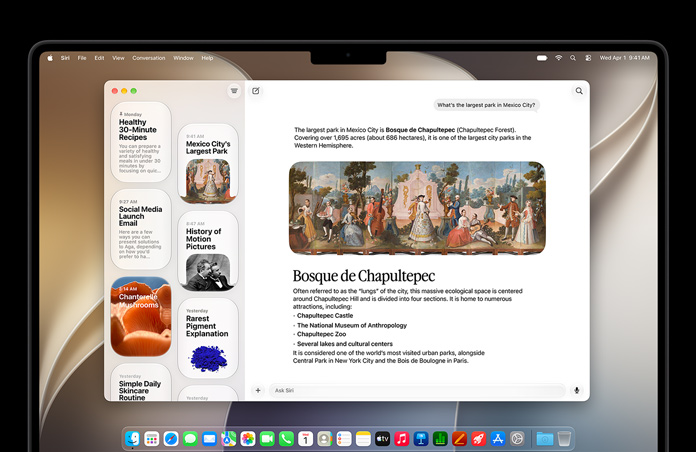 Asztrofekete 11 hüvelykes iPad Pro elölnézetből, a kijelzőjén a Siri appal, amelyben egy aktív és az oldalsávban több korábbi Siri AI-beszélgetés jelenik meg.