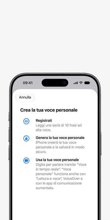 Schermata di un iPhone 17 Pro con la funzione Voce personale e le istruzioni per impostarla