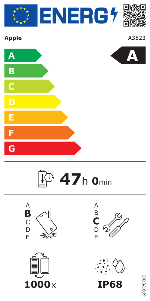 ES energomarķējuma QR kods un informācija, Apple modelis A3523, A klase, energoefektivitātes klases (sistēmā no A līdz G), no A (visefektīvākā) līdz G (visneefektīvākā), akumulatora izturība vienā ciklā, 47 stundas un 0 minūtes ar pilnībā uzlādētu akumulatoru, vairākkārtējas kritienizturības klase: B, no A (visizturīgākā) līdz E (visneizturīgākā), remontējamības klase: C, no A (visremontējamākā) līdz E (visneremontējamakā), akumulatora cikliskā izturība: 1000, korpusa aizsargātības pret putekļiem un ūdeni pakāpe (IP) IP68, Regula 2023/1669