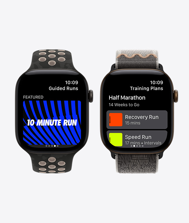Apple Watch Series 12 裝置,黑色鋁金屬錶殼,一款配搭 After Dark 黑色 Nike 運動錶帶,另一款配搭黑色 Nike 運動手環,螢幕顯示 Nike Run Club app 的跑步指導和訓練計劃功能