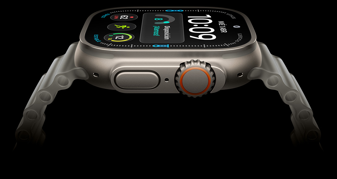 Apple Watch Ultra 4, caja de titanio, color plata, pantalla de hora digital, datos de salud y fitness, botón lateral Digital Crown naranja