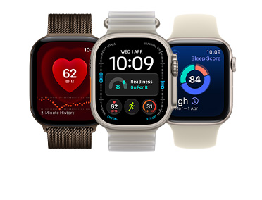 Apple Watch Series 12, aluminium case, dark bronze colour, screen shows heart health feature, Milanese Loop band, dark bronze colour; Apple Watch Ultra 4, titanium case, natural colour, screen shows vitals, workout, readiness features, Ocean Band, translucent kelp colour (pale brownish-green); Apple Watch SE 3, aluminium case, starlight colour, screen shows sleep score, Sport Band, sand colour (pale tan)