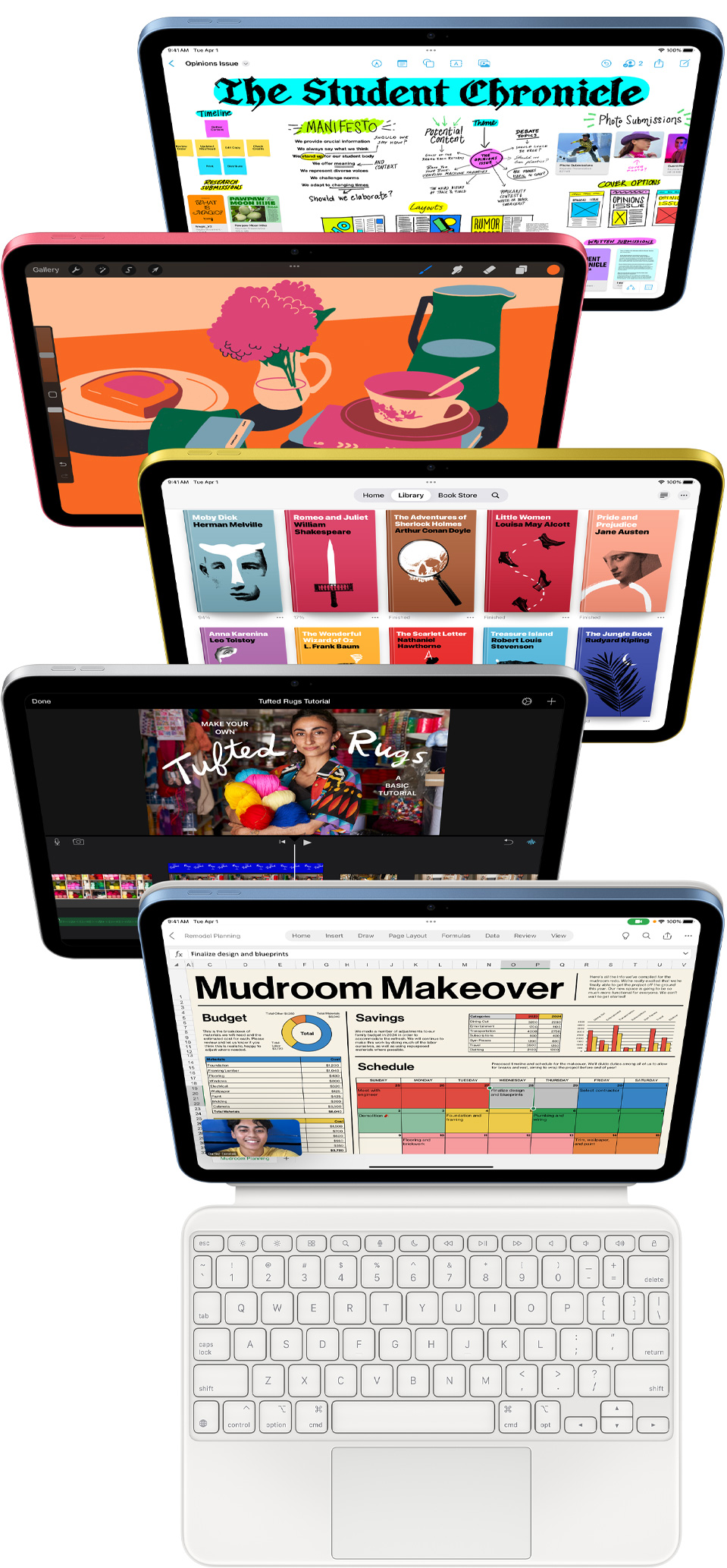 Obrazovky iPadov spredu zobrazujúce rôzne apky, ako sú Freeform, ProCreate, Apple Books, iMovie a Excel s Webex Meetings.