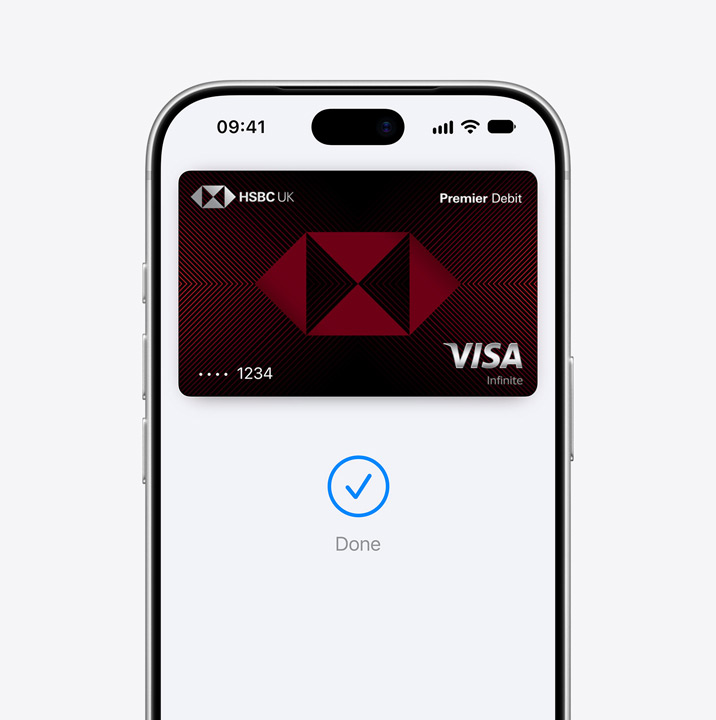 Partial iPhone screen display, showing a credit card being used in Apple Pay