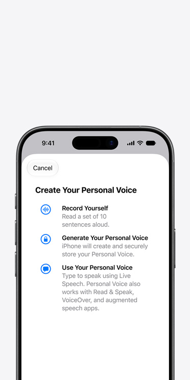 iPhone 17 screen showing Personal Voice feature with instructions on how to create your Personal Voice