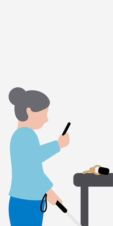 Illustration of side profile of a woman standing, holding a white cane, pointing an iPhone at keys on a table in front of her