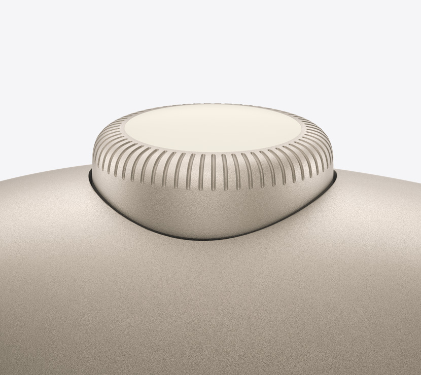AirPods Max 2-hovedtelefoner i farven stjerneskær med nærbillede af Digital Crown