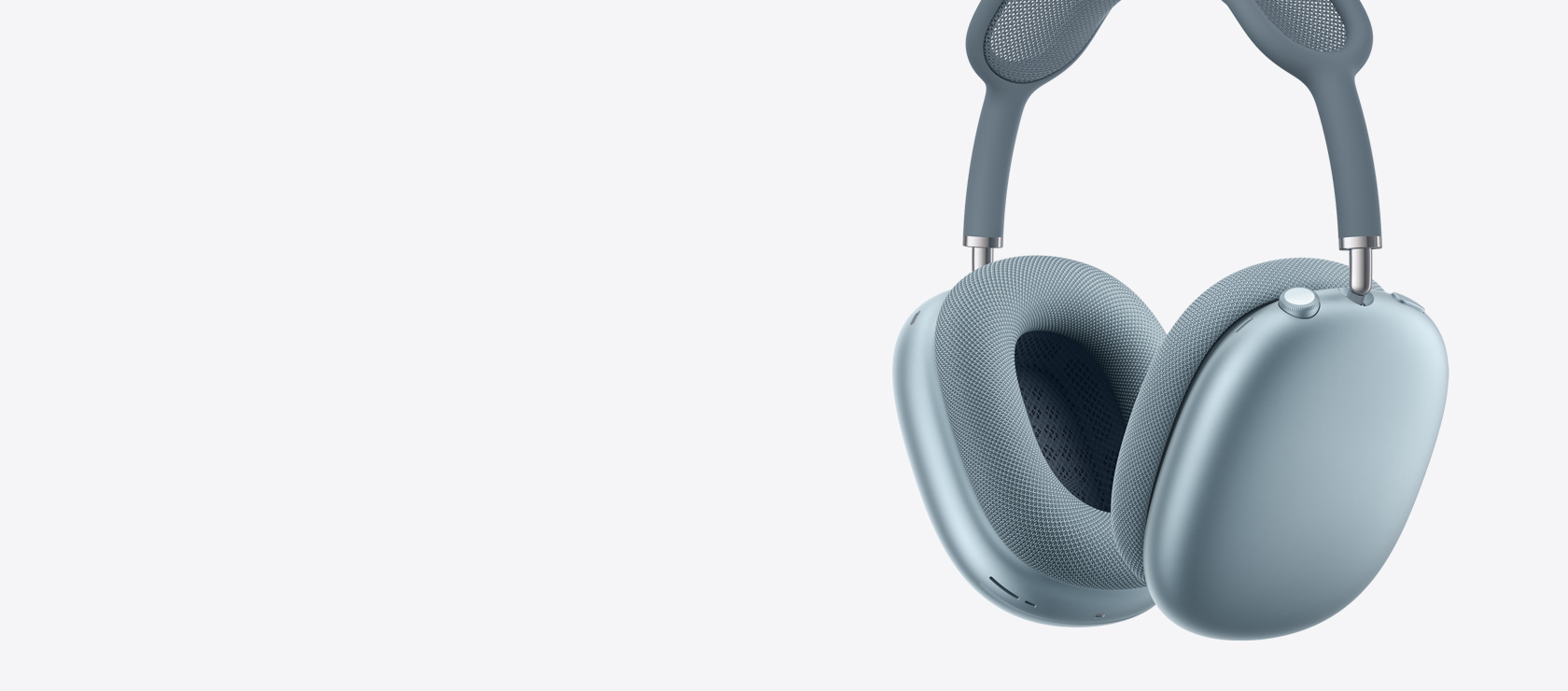 AirPods Max 2-hovedtelefoner i blå vist fra siden med indersiden og ydersiden af ørepuderne samt Digital Crown