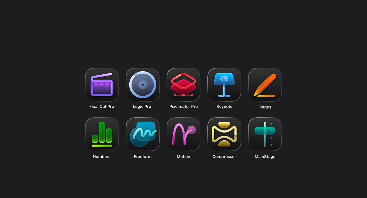 Symbole der Apple Creator Studio Apps, Final Cut Pro, Logic Pro, Pixelmator Pro, Keynote, Pages, Numbers, Freeform, Motion, Compressor, MainStage