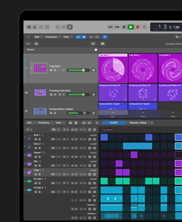 16 吋 MacBook Pro 螢幕展示 Logic Pro 混音面板，其中紫色與粉紅色方塊代表不同的音訊層與聲音；底部則有創作節拍的工具，以不同色彩區塊呈現各種打擊樂器