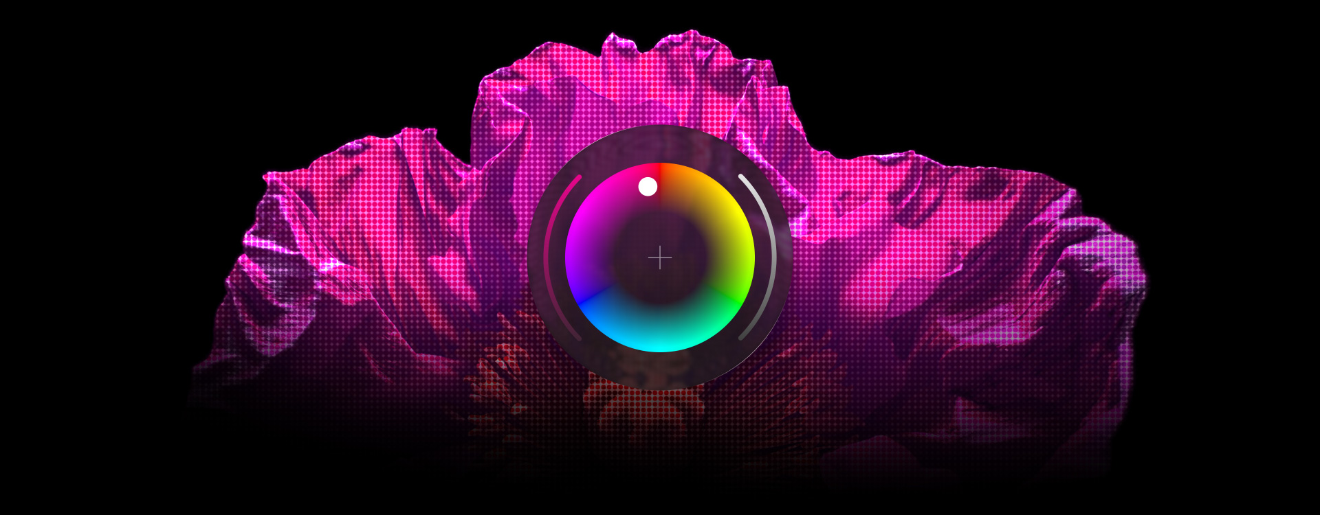 畫面為一個具紋理的粉紅色物件；中央為 Pixelmator Pro 的顏色選擇器工具