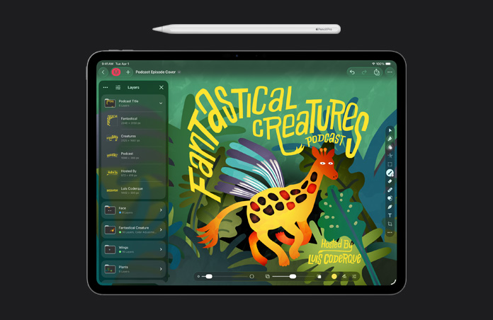 Apple Pencil 搭配 13 吋 iPad Pro 螢幕，展示 Pixelmator Pro、podcast 單集封面的插圖，以及圖層工具箱