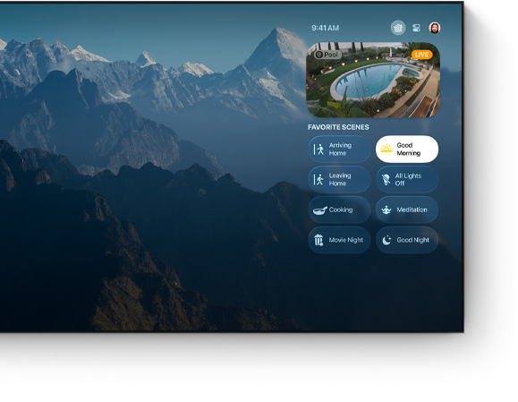 Brukergrensesnittet til kontrollsenteret på Apple TV 4K vises på en flatskjerm-TV