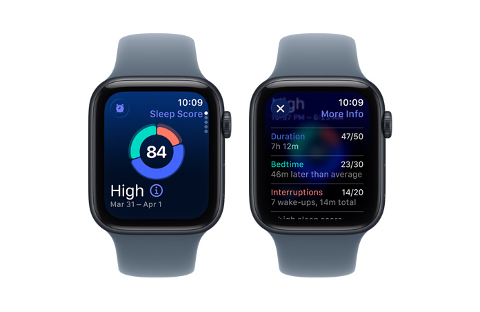 Apple Watch SE 3, scor de somn, grafic circular și scor numeric, analiza stadiilor somnului: treaz, somn REM, somn de bază și somn profund