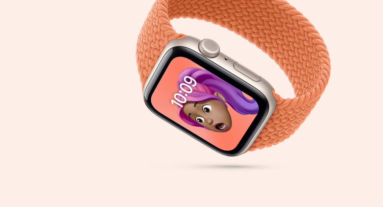 Apple Watch SE 3, carcasă din aluminiu, culoare Strălucire stelară, ecran din sticlă rezistentă la fisuri, curea, brățară Solo împletită, culoare Turmeric