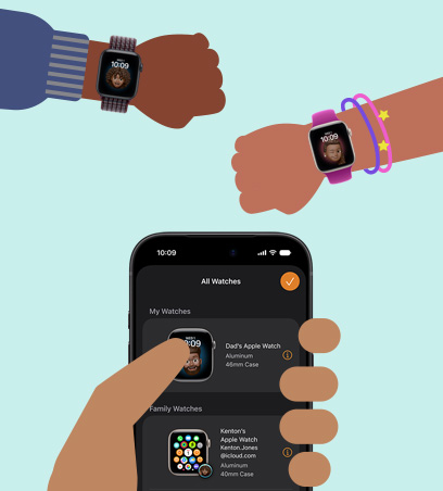 Apple Watch for barna dine er illustrert med en tegning som viser barnehåndledd med Apple Watch SE 3 sammenkoblet med en iPhone i hånden til en forelder.