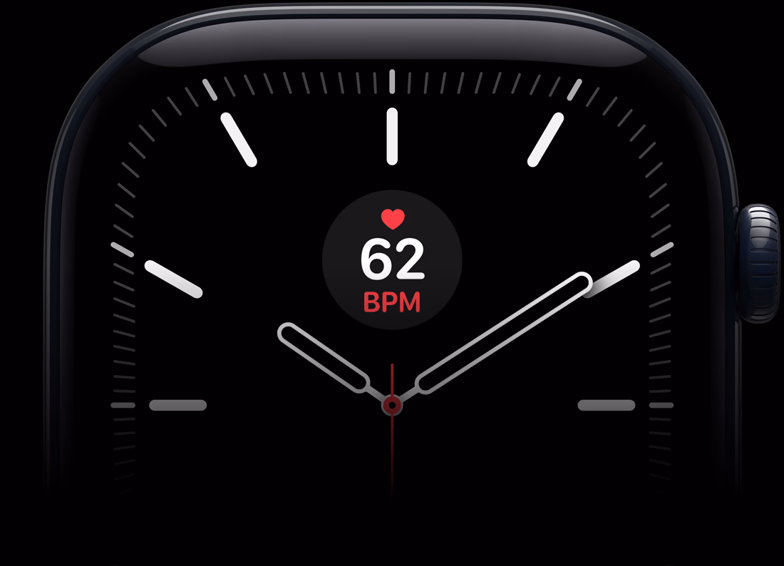 Apple Watch Series 12, aluminum case, dark bronze color, Modular watch face, complications: day and date, heart rate graph, Workouts, heart rate, readiness, right side exterior, Digital Crown, Sport Band, olive color