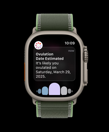 Apple Watch Ultra 3, carcasă din titan de culoare natural, notificare cu data estimată de ovulație de la Urmărire ciclu în aplicația Sănătate, brățară Montană, culoare Verde/Neon