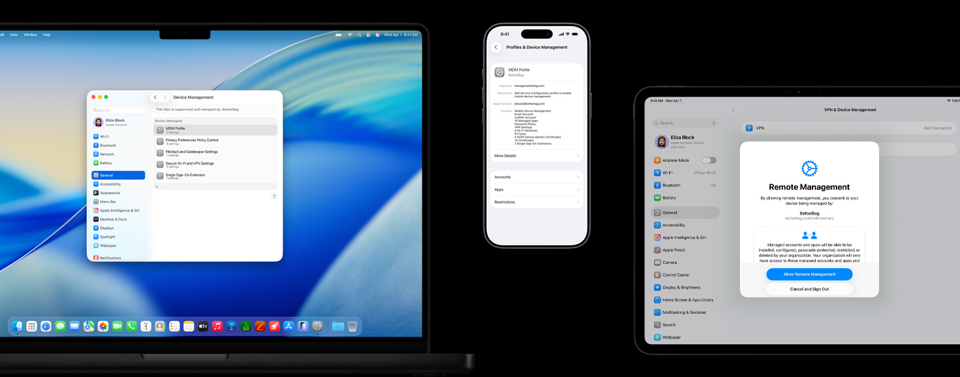 Imagem de três aparelhos Apple: à esquerda, um computador Mac mostra uma janela do Gerenciamento de Aparelhos. No centro, um iPhone mostra os ajustes do perfil de MDM (Gerenciamento de Aparelhos Móveis). À direita, um iPad mostra uma janela do Gerenciamento Remoto