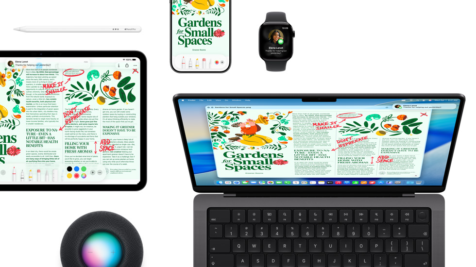 Vários aparelhos, incluindo um iPad, iPhone, Apple Watch e macOS Tahoe no Mac, mostram o mesmo layout de revista