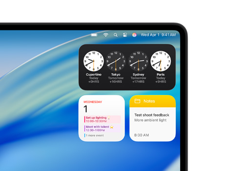 Mesa do Mac mostra o macOS Tahoe e vários widgets, incluindo Relógio, Calendário e Notas