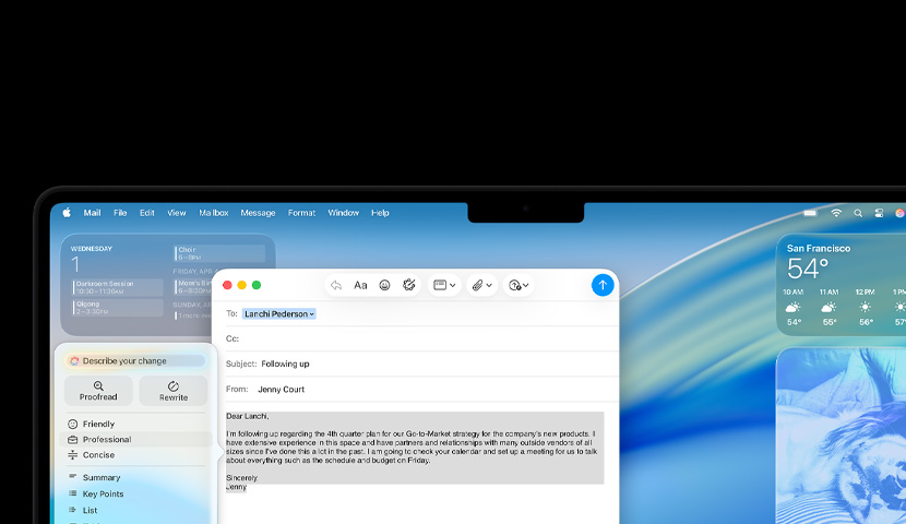 En arbejdsmail på et Mac-skrivebord med et forslag fra Apple Intelligence. Bag mailvinduet er der forskellige widgets og en macOS Tahoe-baggrund.
