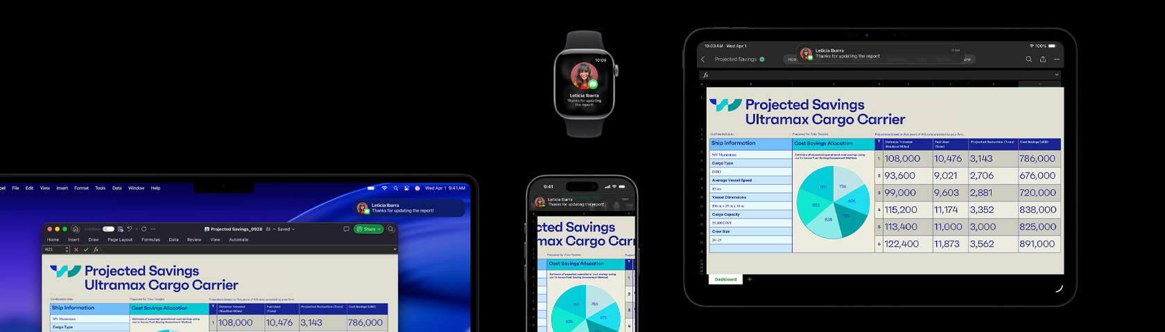 Uma planilha e uma mensagem de texto são exibidas em vários aparelhos, incluindo iPhone, iPad, Apple Watch e Mac com macOS Tahoe