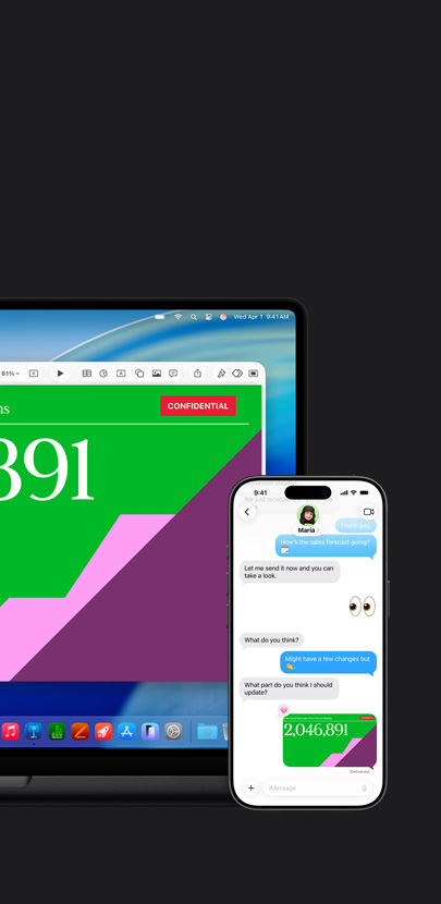 Um Mac mostra uma apresentação e o papel de parede do macOS Tahoe. Em frente ao Mac, há um iPhone com a mesma apresentação dentro de uma troca de mensagens de texto